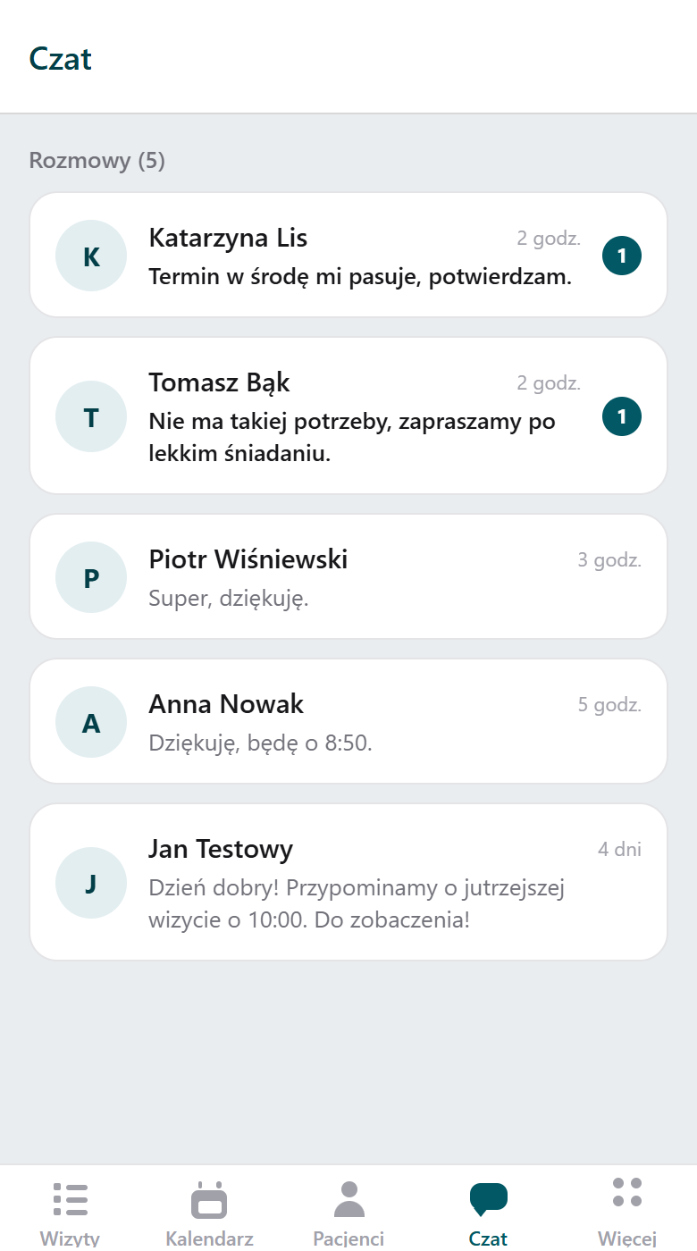 Aplikacja gabinetu — skrzynka czatu z rozmowami pacjentów