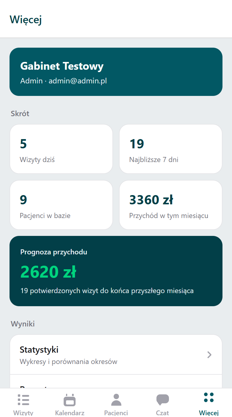 Aplikacja gabinetu — ekran Więcej ze wszystkimi modułami panelu