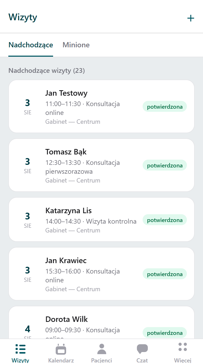 Aplikacja gabinetu — lista nadchodzących wizyt