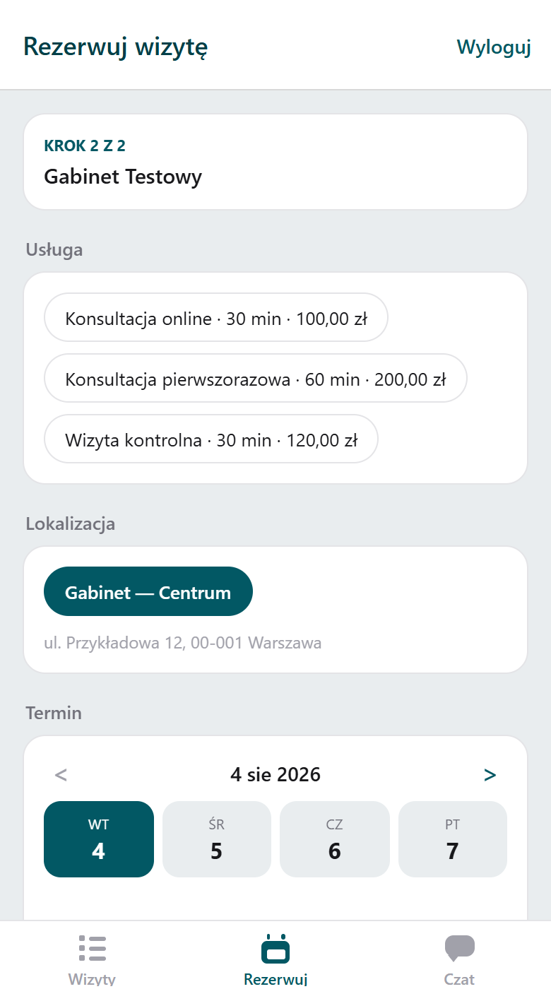 Aplikacja pacjenta — rezerwacja wizyty: usługa, lokalizacja i termin