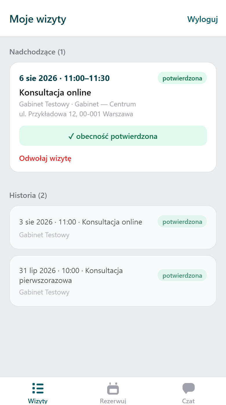Aplikacja pacjenta — wizyty z potwierdzoną obecnością